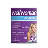 Vitabiotics Wellwoman Original vitamins purple box showing product name and smiling woman 24 nutrients for health and vitality